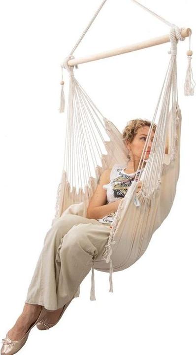 Produktbild Royokamp Hamak fotel brazylijski Miami z frędzelkami 130x100cm + 2 poduszki 40x40cm beżowy (120 kg)