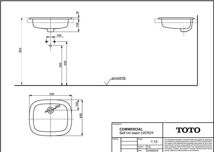 Actual product image TOTO Built-in washbasin 530mm o tap hole with overflow angular white (450 mm, 530 mm)