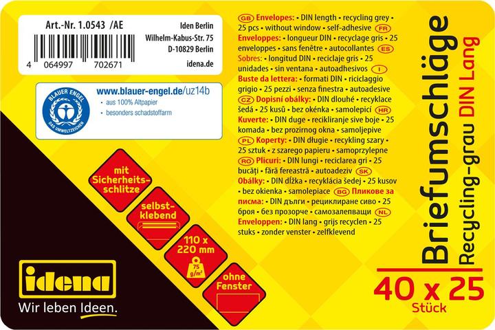 Immagine prodotto Idena BU DIN long recycl. sk, o.F.,75g/m²,25 pezzi (11 x 22 cm, 25 x)