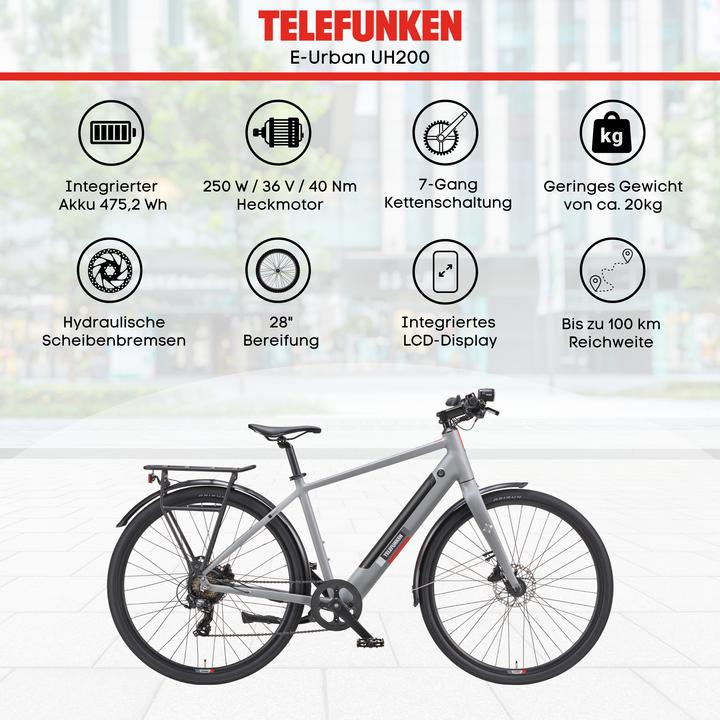 Actual product image Telefunken Urban E-Bike Herren UH200 28 Zoll Hinterradmotor 7-Gang Kettenschaltung (48 cm)
