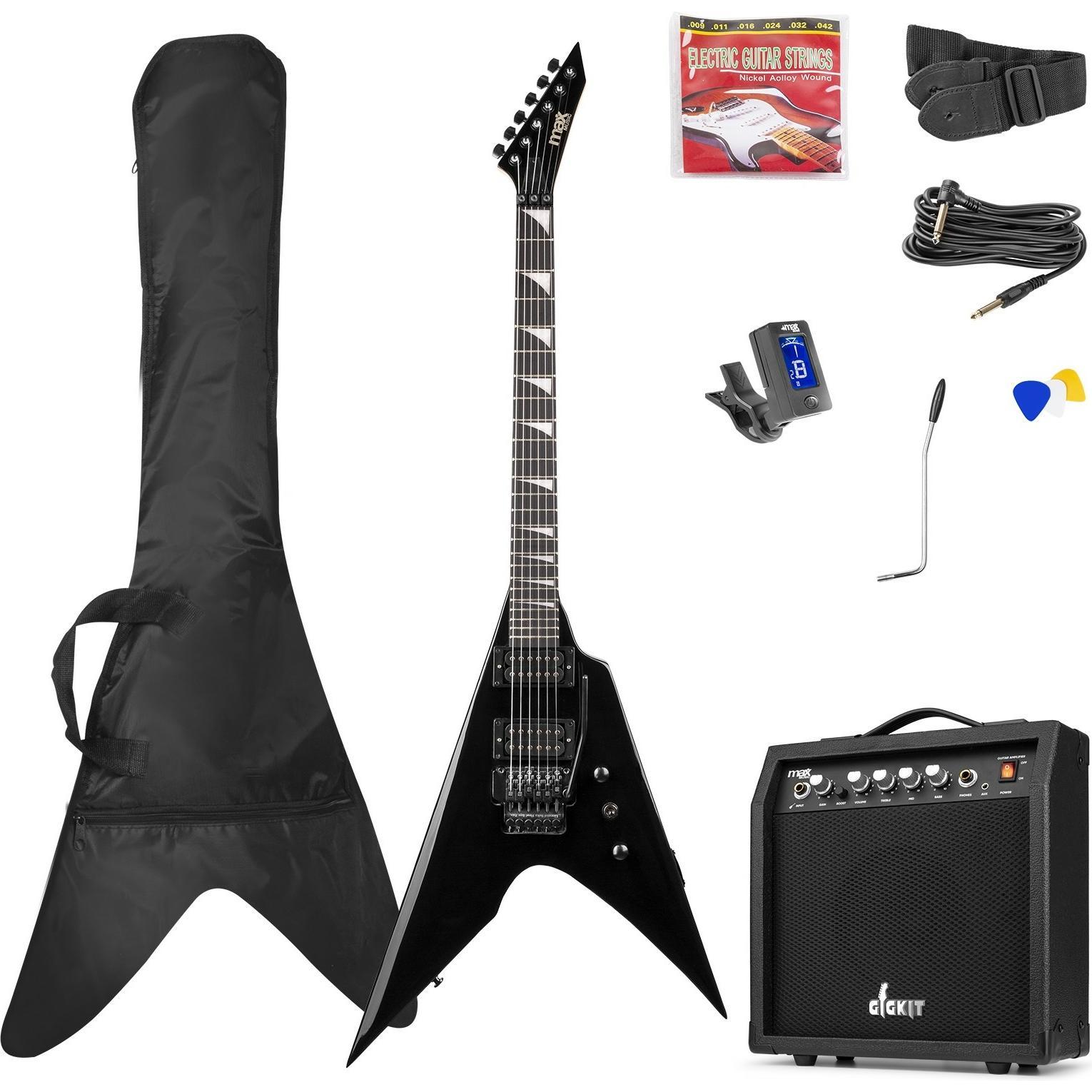 Max Music Chitarra elettrica GigKit Rock Style Nero (Set di chitarre elettriche, Collo: Lime, Tastiera: Palissandro), Chitarra, Nero