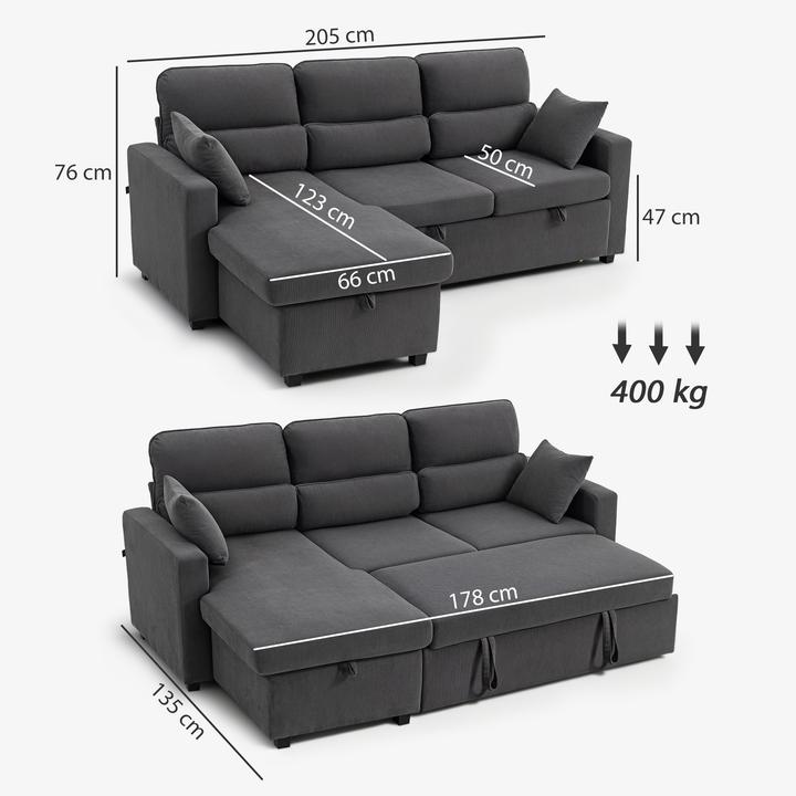 Image du produit Homcom Sofa mit Schlaffunktion Polyester, Stahl Dunkelgrau (Canapé d’angle)