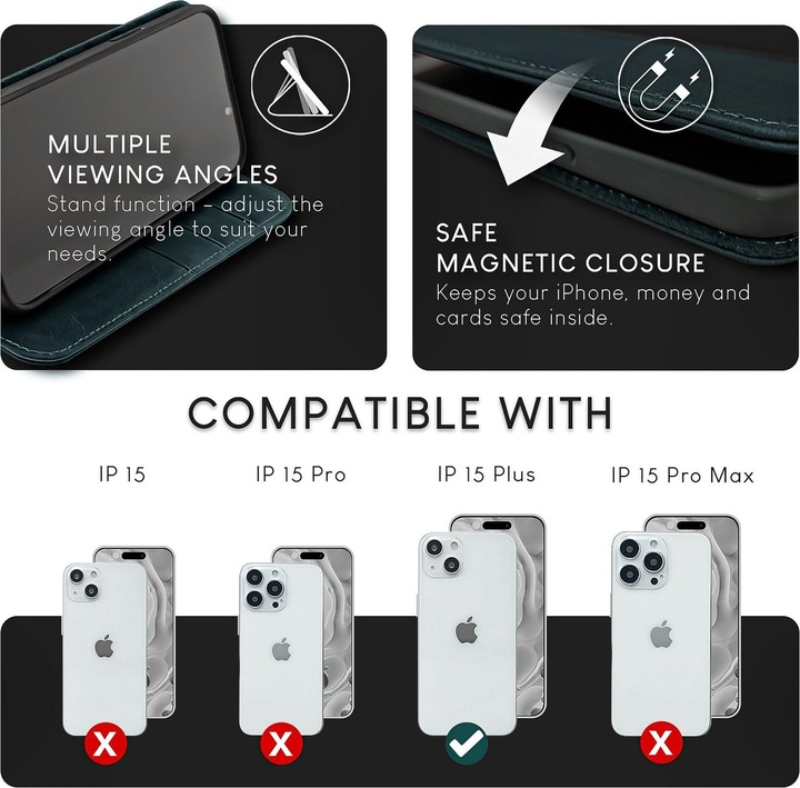 Produktbild Nalia Echt Leder Flip Case Hülle mit Magnetverschluss (Apple iPhone 15 Plus)