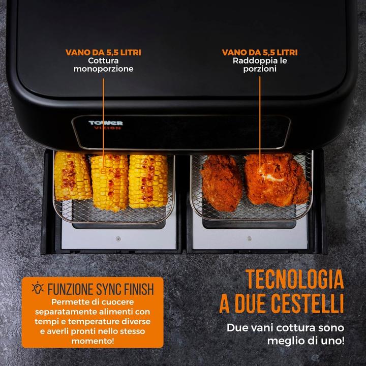 Actual product image TOWER T17102 Vortx Vizion Double Compartment Air Fryer with Digital Touch Panel 11 L Black