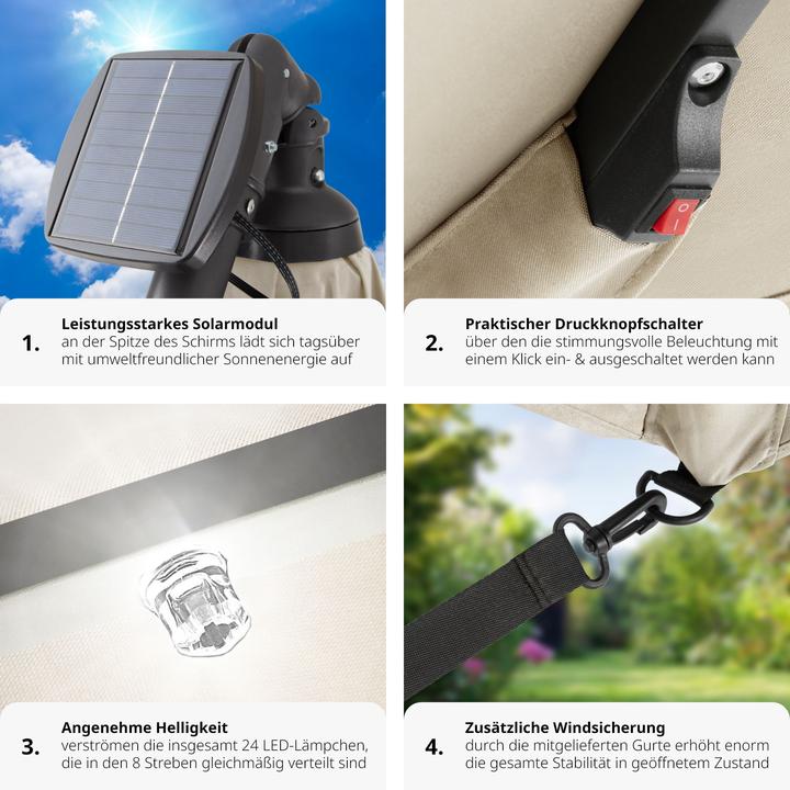 Produktbild tectake Sonnenschirm Sunna LED-Solar mit Kurbel 2,5 x 2,5 m (2.50 m)