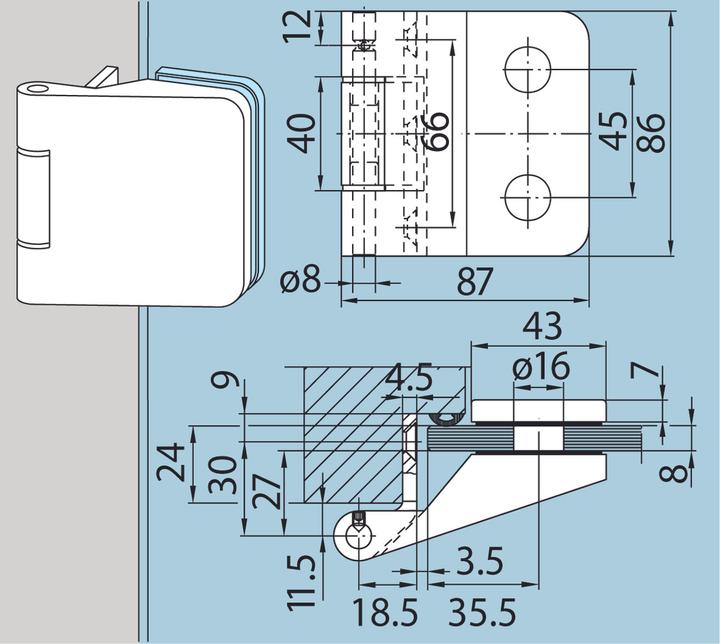 Actual product image Dormakaba DORMA glass door hinge w.frame part Junior Office 11.239,glass 8-10mm,silver anodised