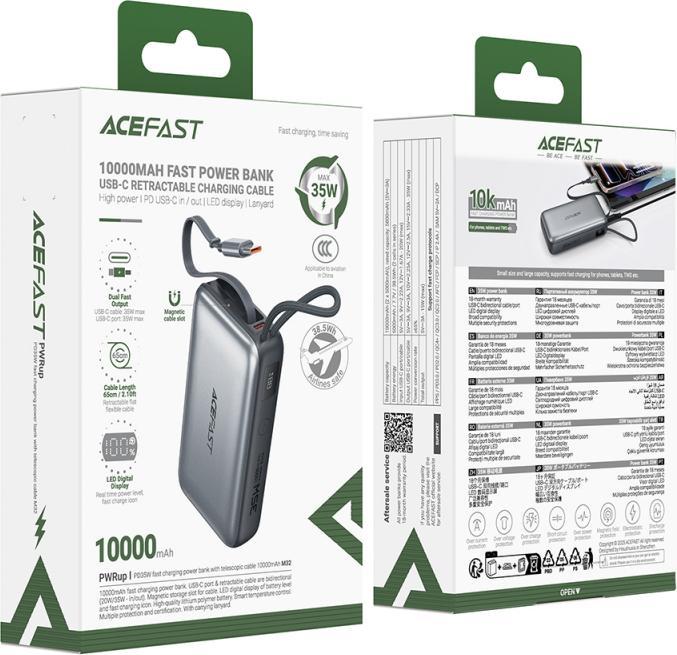 Actual product image Acefast - Power Bank (M32) - with Telescopic Cable, Type-C, Fast Charge, PD35W, 10000mAh - Gray (10000 mAh, 35 W)