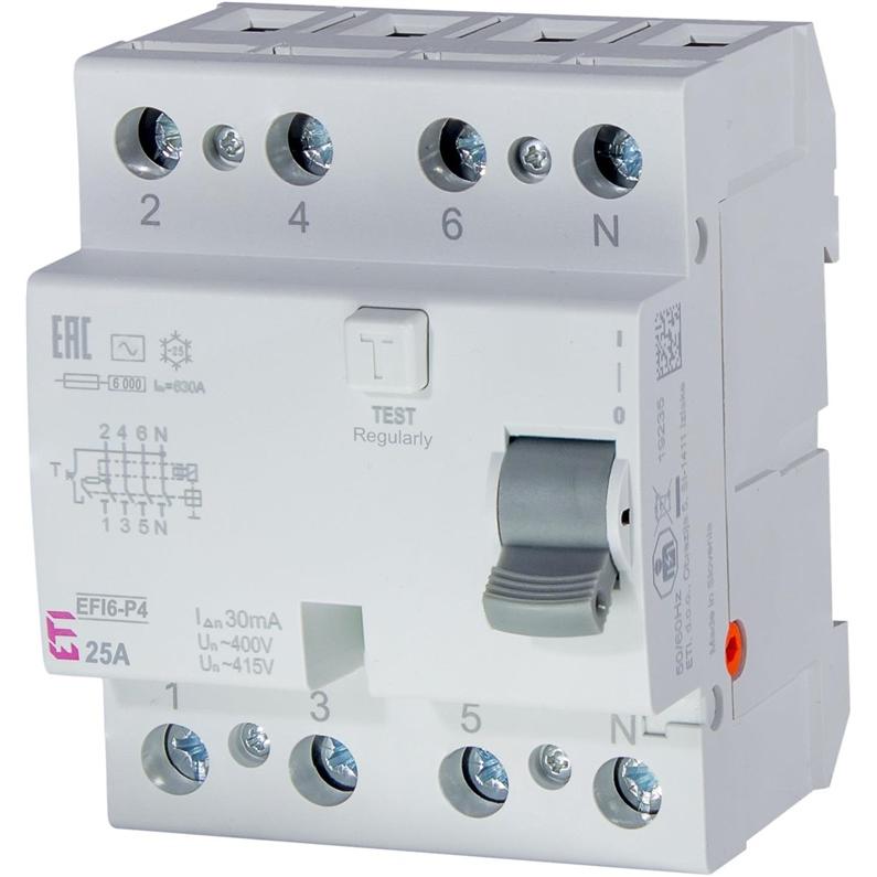 Eti INTERRUTTORE AUTOMATICO EFI6-P4 AC 25/0,03, Pulsante + Interruttore, Grigio