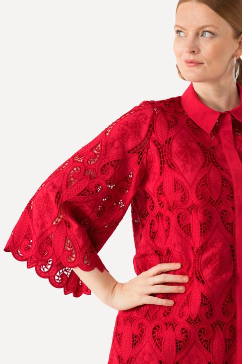 Image du produit Ulla Popken Chemisier en dentelle avec col chemise, silhouette en A, ourlet « festonné » et manches 3/4 (42, 44)