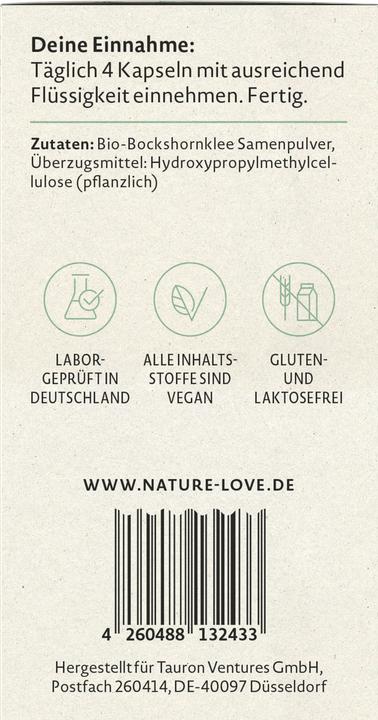 Valeurs nutritives et ingrédients Nature Love Fenugrec bio (120 pièce(s), Capsules, 92 g)