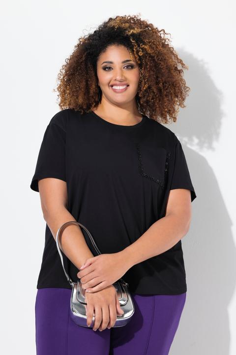 Produktbild Ulla Popken T-Shirt, Brusttasche, Perlen, Oversized, Rundhals, Halbarm (62)