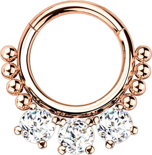 Actual product image Star Piercing Micro segment ring hinged rose gold beads and three crystals (without brass, Surgical steel 316L)