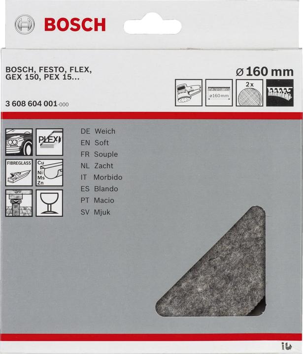 Produktbild Bosch Professional Zubehör Polierfilz für Exzenterschleifer, weich, Klett, 160 mm, 2er-Pack (Weich)