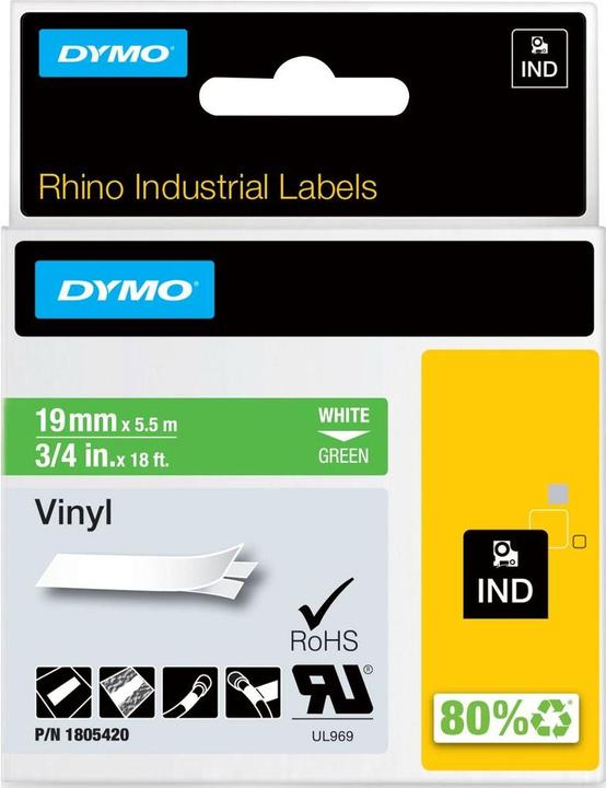 Energie-Label Dymo Rhino 19mm weiß auf grün Vinyl (1.90 cm, Grün)