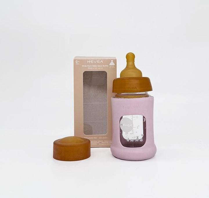 Actual product image Hevea Glass baby bottle with rubber cover / wide neck (150 ml) / Powder Pink (150 ml)