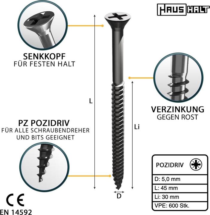 Actual product image Haushalt Universal wood construction screw wood screw 5,0 x 45 mm PZ2 600 pcs ( 2x 000051371196 ) silver (600 Screws per piece)