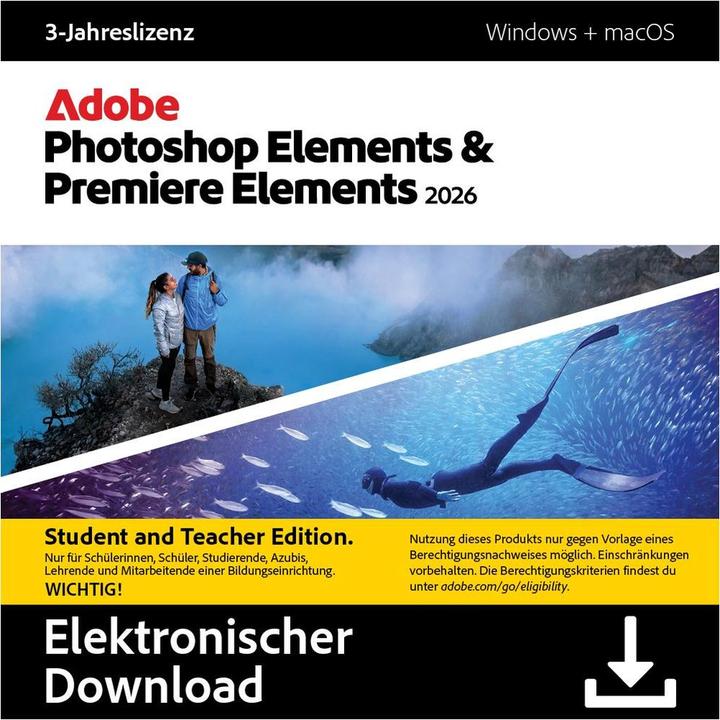 Adobe Photoshop & Premiere Elements 2026 (1 Utilisateur, 1 Périphériques/Utilisateurs, 36 mois)
