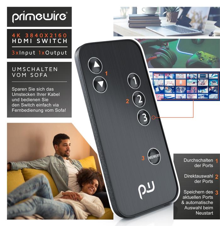 Produktbild Primewire HDMI 2.0b 3 Port Switch, Verteiler 4k 60Hz UHD, Ultra HD 4096x2160 HDR, Fernbedienung, Netzteil