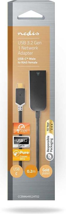 Produktbild Nedis USB Network Adapter USB 3.2 Gen 1 1000 Mbps USB-CT Male RJ45 Female 0.20 m Round Gold Plated T (0.20 m, USB 3.2 Gen 1)