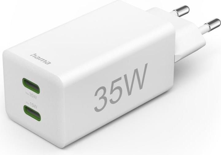 Image du produit Hama Chargeur rapide + câble, 2x USB-C, PD/QC, mini-chargeur, 35W, 1 m, blanc (35 W, 2 ports)