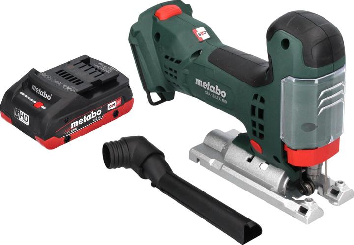 1x Metabo STA 18 LTX 100 Akku Stichsäge, 1x Absaugstutzen, 1x Spanreissschutz-Plättchen, 1x Sechskantschlüssel, 1x Metabo LiHD Akkupack 18V 4,0 Ah Li-Ion Akku, ohne Ladegerät
