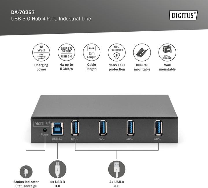 Immagine prodotto Digitus Hub USB 3.0, 4 porte, Industrial Line (USB-B, 4 porte)