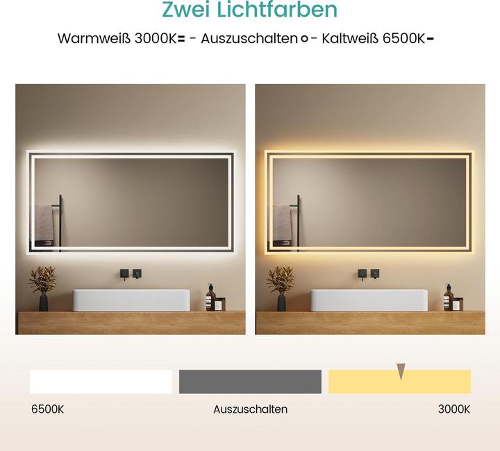 Produktbild Emke Badezimmerspiegel mit Beleuchtung 120*60cm,Beschlagfrei, 3000K/6500K,Tast Schalter (120 x 60 cm)