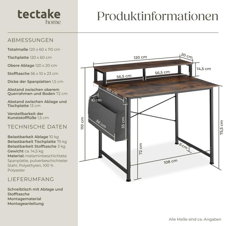 Image du produit tectake Bureau (120 x 60 x 90 cm)
