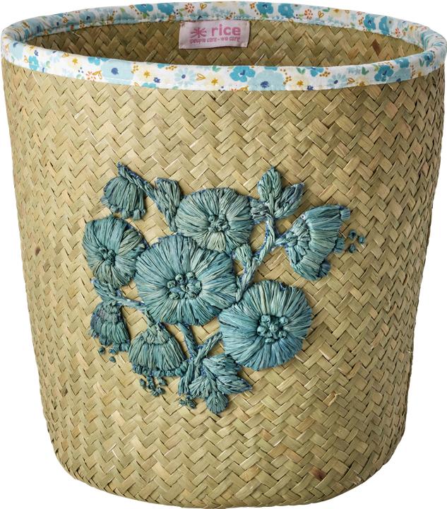 Rice Raffia Basket with Blue Flower Embroidery and Flower Fabric Edge - Blue