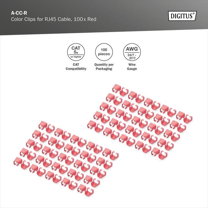 Produktbild Digitus Farbclips für RJ45-Kabel Farbe Rot, 100 Stück Packung (CAT5e, 0.01 m)