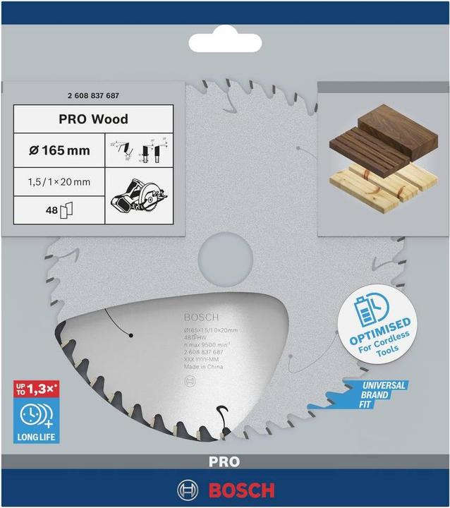 Actual product image Bosch Professional Zubehör PRO Wood cordless circular saw blade, 165 x 1.5 x 20 mm