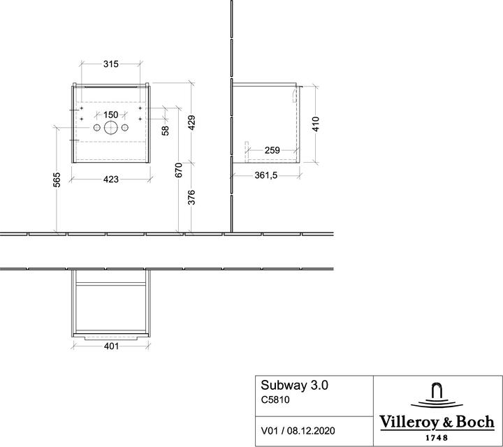 Actual product image Villeroy & Boch Subway 3.0, washbasin vanity unit, 423x429x378 mm, 1 door stop (hinge) left, C58