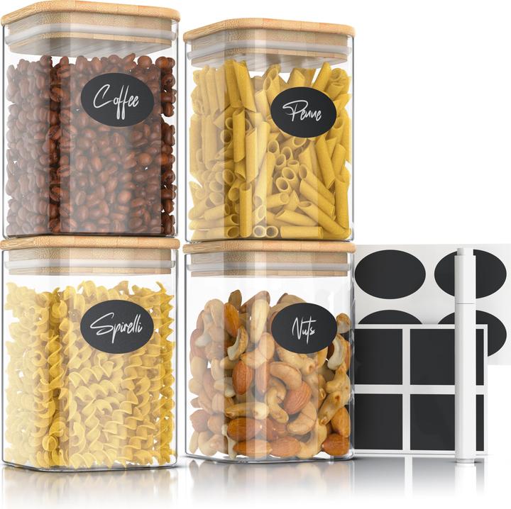 Arendo 4x Vorratsgläser, 1,5 L Glasbehälter, 4er Set, Borosilikatglas, quadratisch, mit Bambusdeckel (1.50 l)