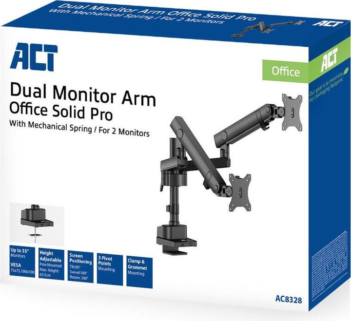 Produktbild ACT Dual monitor arm office solid pro, with mechanical spring (Tisch, 35")