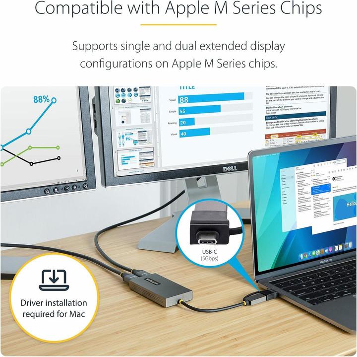 Actual product image StarTech com USB to Dual HDMI Adapter, USB A/C to 2x HDMI Displays (1x 4K30Hz, 1x 1080p), Integrated (USB-C, USB-A, 10 cm)