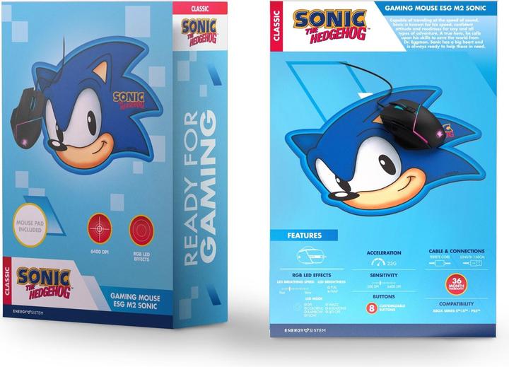 Image du produit Energy Sistem pour le jeu ESG M2 Sonic (6400 DPI, USB, lumière LED RGB, 8 boutons personnalisables) + Tapis de (Filaire)