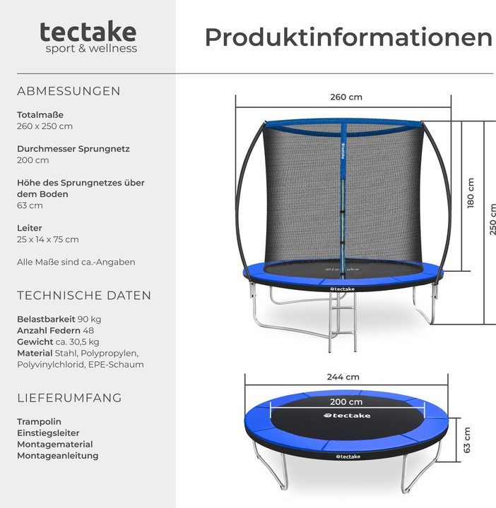 Actual product image tectake Trampoline Jumpy - tear resistant mat, safety net, padded edges, entry ladder (244 cm)