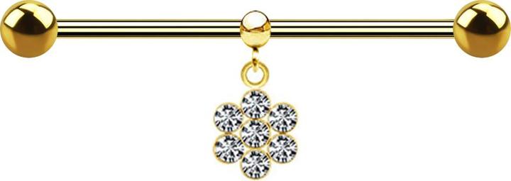 Actual product image Star Piercing Barbell gold-plated two balls with ball ring pendant flower seven crystals silver (without brass, Surgical steel 316L)