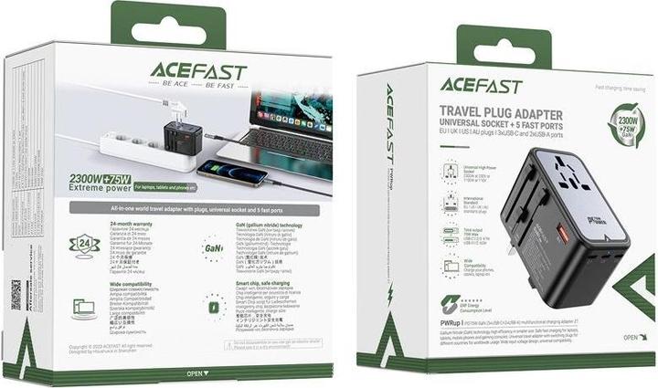 Productafbeelding Acefast Multifunctionele reiswandlader Z1, 2xUSB-A, 3xUSB-C, GaN, 67W, VS/EU/UK/AU (zwart)