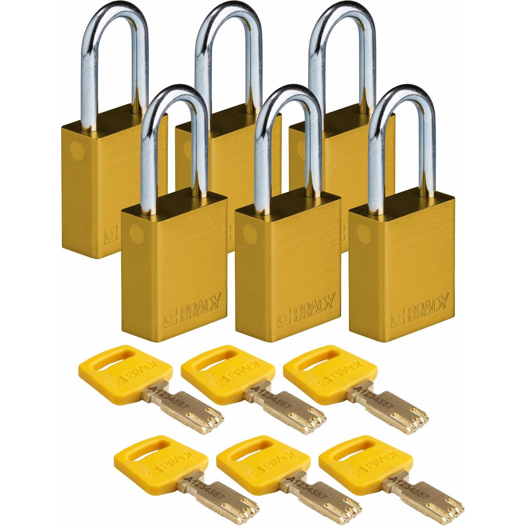 Brady, Vorhängeschloss, Safekey Aluminium-Vorhängeschloss mit Stahlbügel, Gelb, 38 mm Bügelhöhe, 6.4 mm Bügeldurchme
