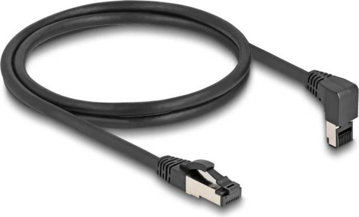 Actual product image Delock RJ45 network cable Cat.8.1 S/FTP 90° bottom angled / straight 2 m black (S/FTP, CAT8.1, 2 m)