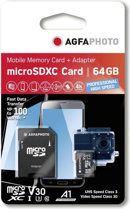AGFAPHOTO MicroSDXC UHS I 64GB Prof. High Speed U3 V30 A1 (64 GB, microSDXC, U3, UHS-I)