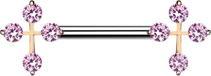Produktbild Star Piercing Barbell rosegold Kreuz mit Kristall pink (Messing, Chirurgenstahl 316L)