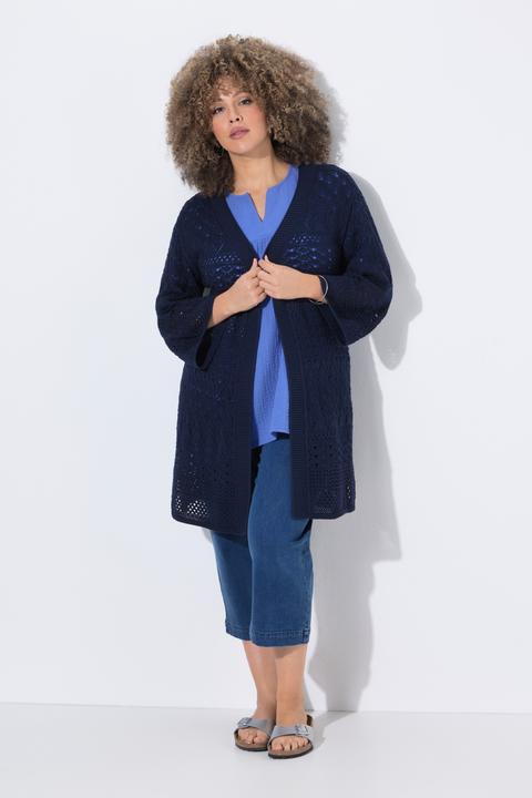 Produktbild Ulla Popken Long-Strickjacke, Ajourstrick, offene Form, 3/4-Arm (50, 52)
