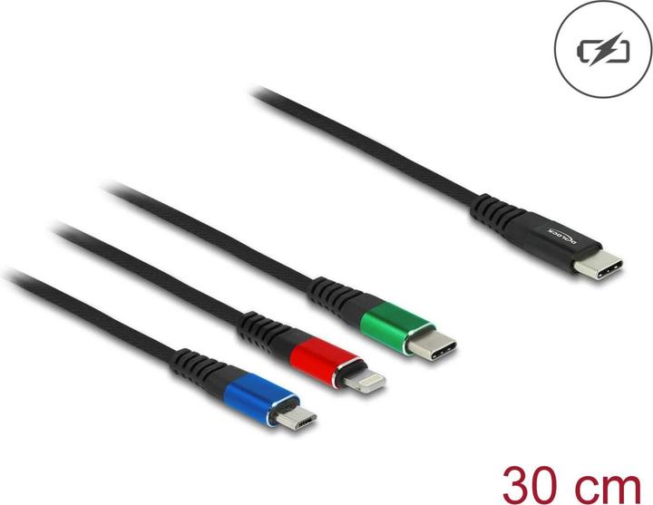 Productafbeelding Delock USB oplaadkabel USB C - Bliksem/Micro USB B/USB C 0,3 m (0.30 m, USB 2.0)