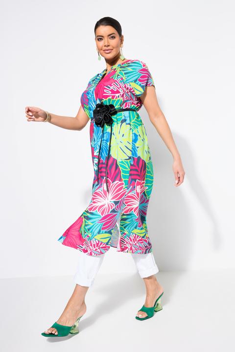 Image du produit Ulla Popken Robe midi oversize, sans manches, motif fleurs et feuilles, décolleté rond (62)