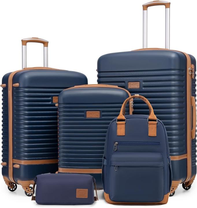 Produktbild Coolife 5-teiliges Trolley-Set mit Reiserucksack und Kulturbeutel (93 l, Handgepäck (bis 50l), M (50 - 90l), L (90 - 115l))