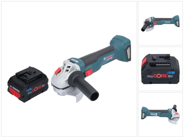 1x Bosch GWS 18V-10 Professional Meuleuse angulaire sans fil, 1x écrou de serrage rapide, 1x capot de protection, 1x flasque de fixation, 1x Bosch GBA ProCORE 18 V 8,0 Ah Professional Batterie Li-Ion à insertion