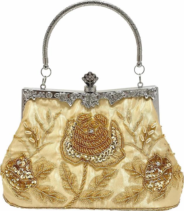 Actual product image Only-Bags.Store Beaded floral embroidery evening bag, vintage satin wedding handbags, sequin clutch clip