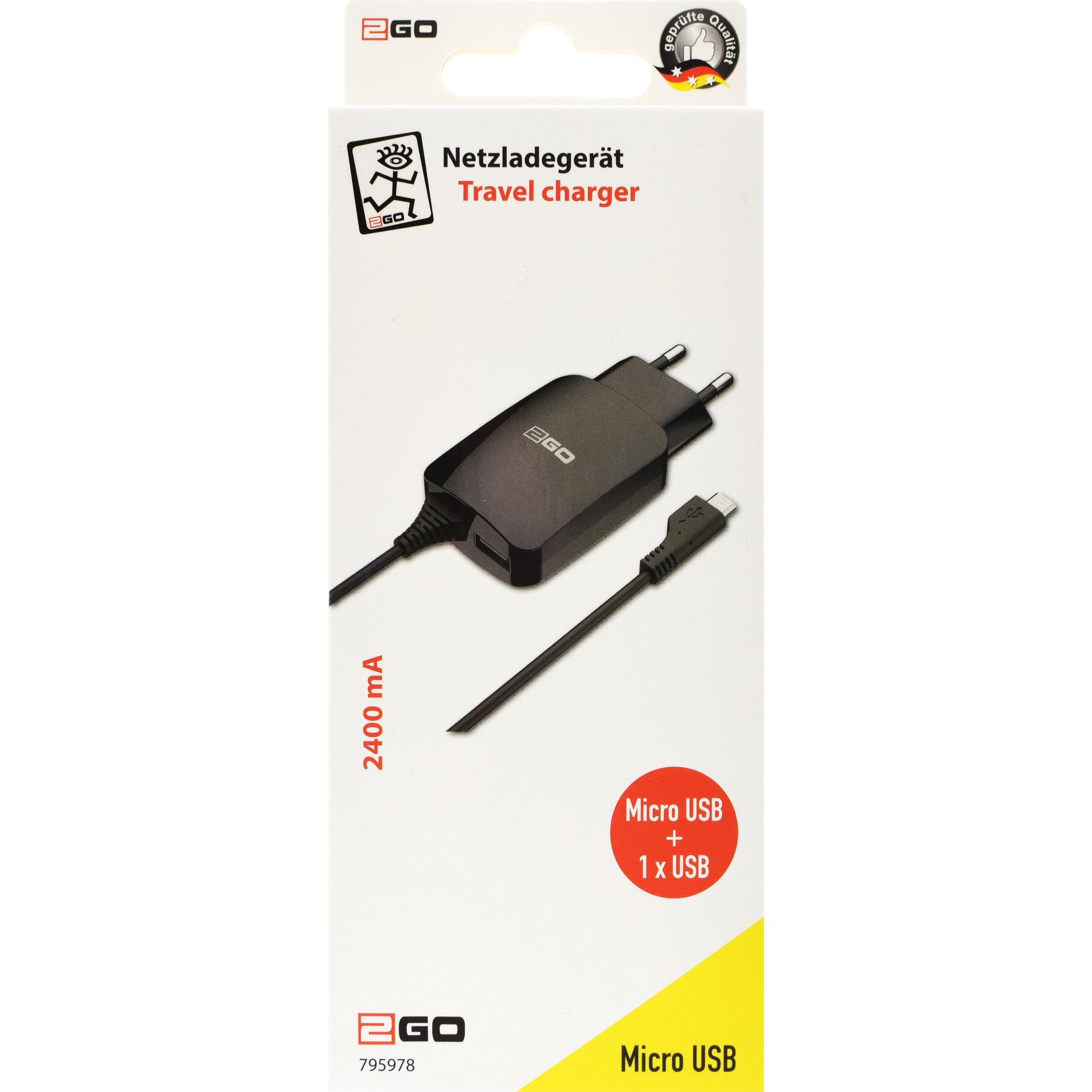 Thumbnail - 2GO Netz-Ladegerät 100V-240V-schwarz Micro-USB + 1x Uni. USB, USB Ladegerät, Schwarz